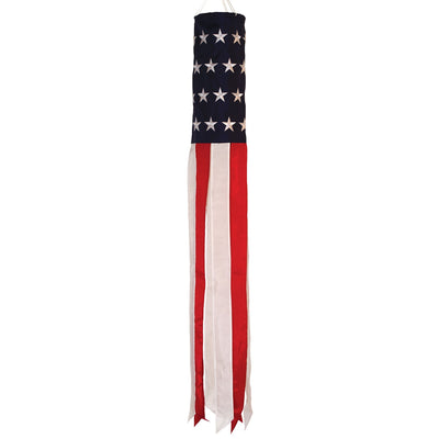 Embroidered Stars & Stripes 50' Value Windsock featuring the American flag design, displayed outdoors with colorful tails fluttering in the wind.