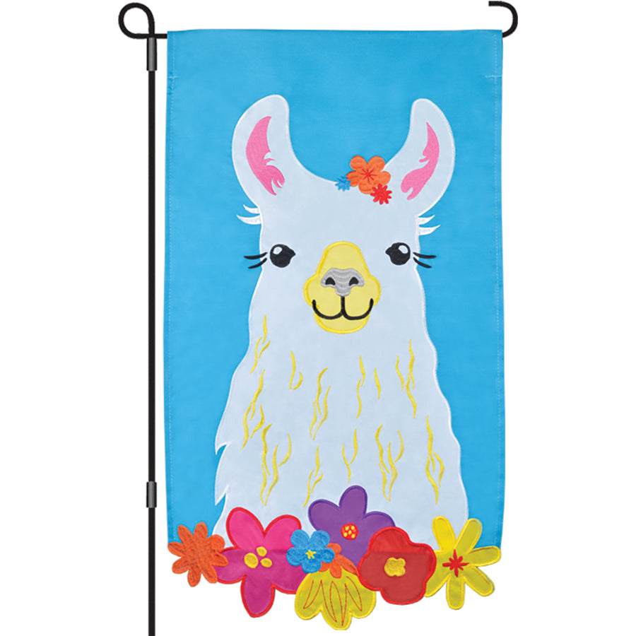 13 in. Enhanced Llama garden flag measuring 13 inches, featuring colorful embroidery and cutouts, displayed on a standard garden flag pole.