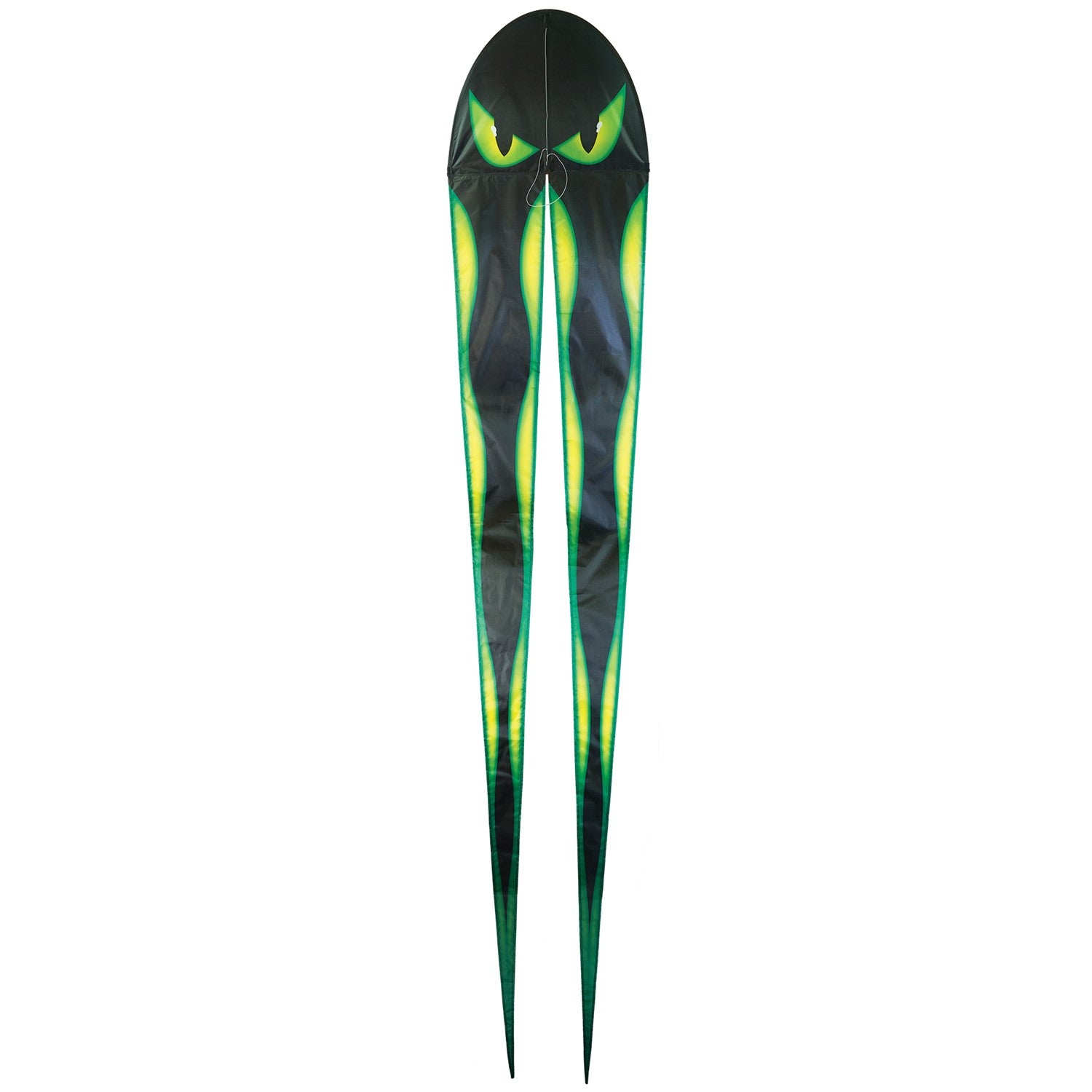 22-Inch Eyes Dancing Dragon Kite soaring in the sky with flowing tails, showcasing vibrant colors and a spooky design during outdoor play.