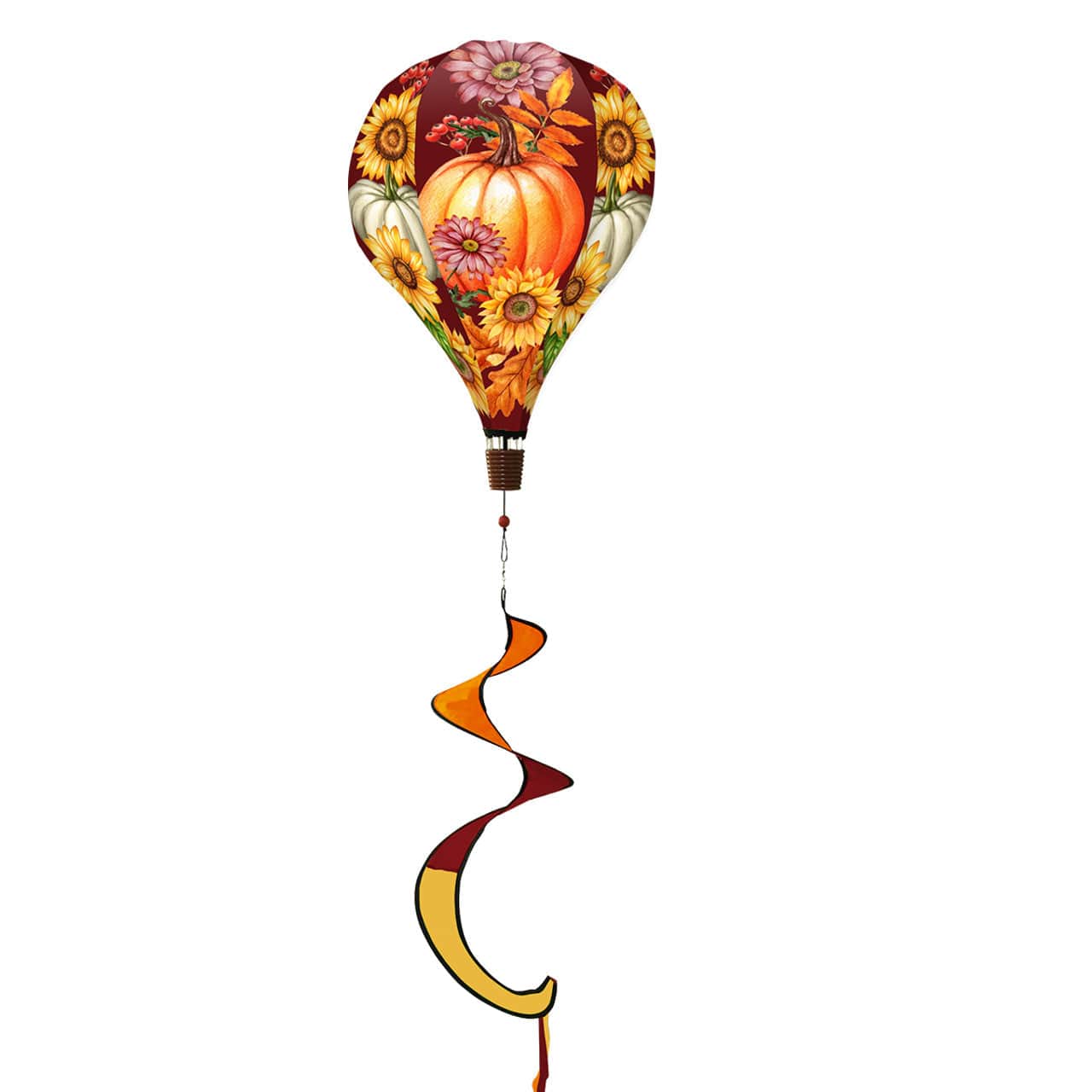 Hot air balloon spinner with colorful fall leaves and rich autumn hues, made of weather-resistant polyester for elegant seasonal outdoor garden décor.