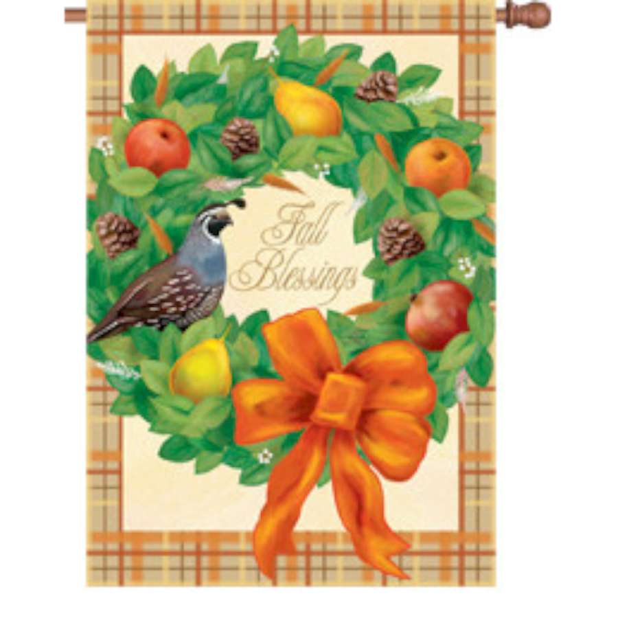 28 in. Fall Blessings house flag with colorful autumn design featuring pumpkins and leaves displayed on a flag pole in a front yard.