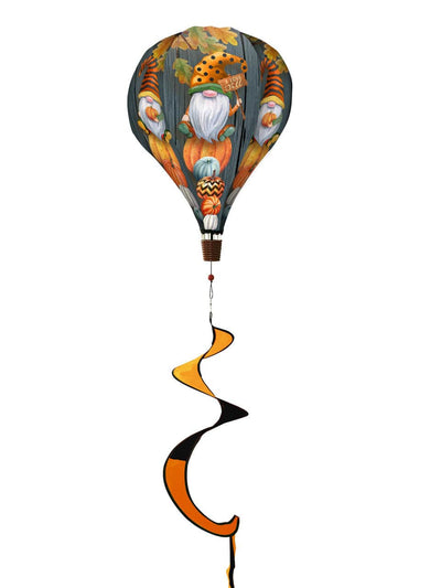 Fall gnomes hot air balloon spinner with autumn colors, durable polyester build, and seasonal outdoor decoration for garden or patio.