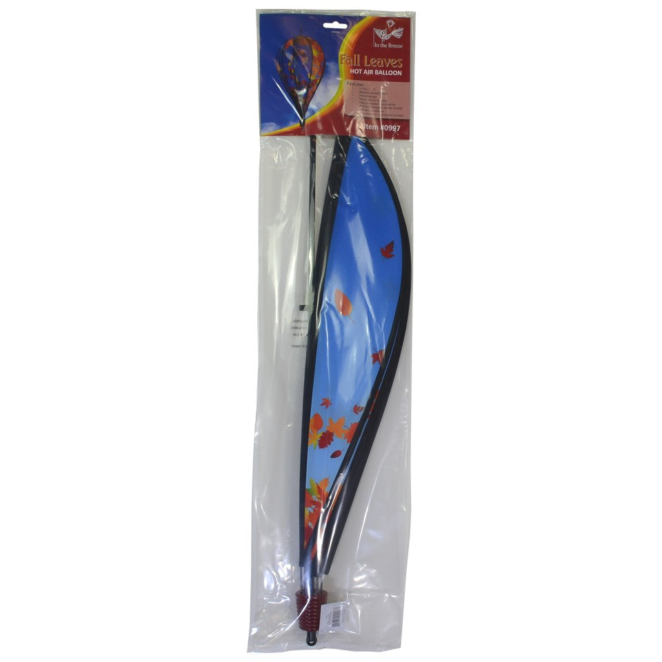 Fall Leaves 10-Panel Hot Air Balloon Spinner featuring colorful autumn leaves in motion, perfect for outdoor decoration and seasonal festivities, hanging from a garden hook.