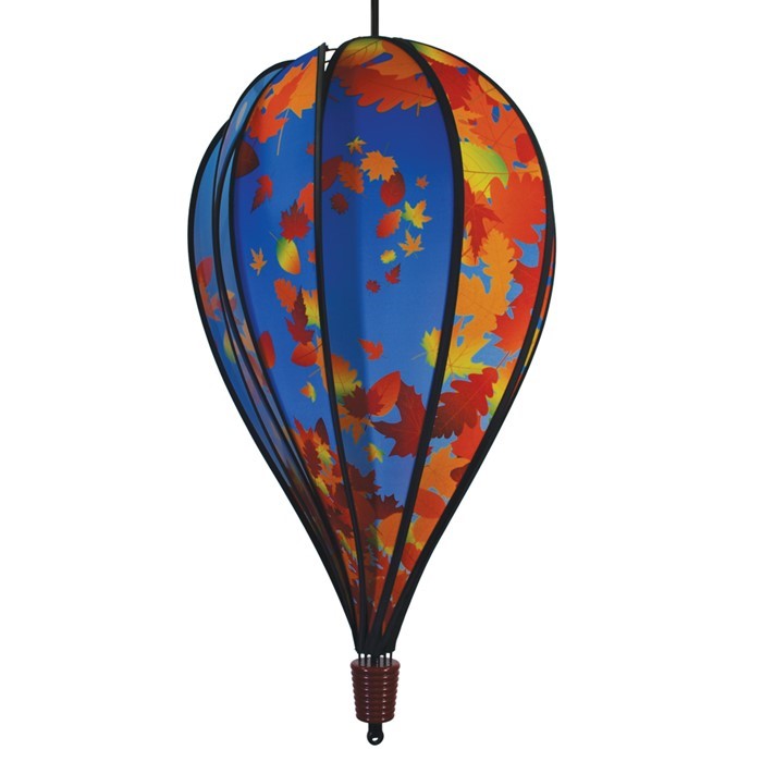 Fall Leaves 10-Panel Hot Air Balloon Spinner featuring colorful autumn leaves in motion, perfect for outdoor decoration and seasonal festivities, hanging from a garden hook.