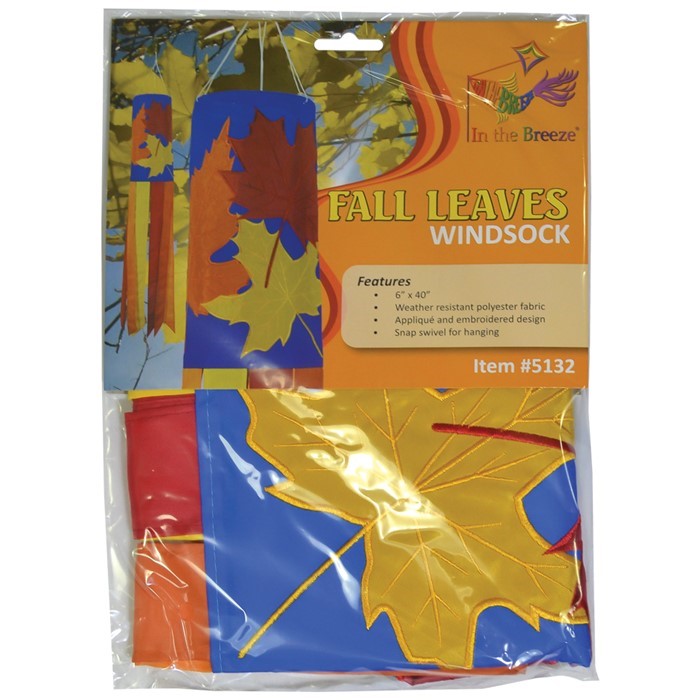 Fall Leaves 40-inch windsock featuring vibrant red, orange, and yellow leaves with color-coordinated tails, elegantly displayed outdoors.