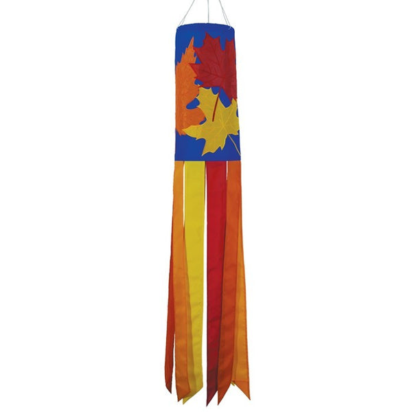 Fall Leaves 40-inch windsock featuring vibrant red, orange, and yellow leaves with color-coordinated tails, elegantly displayed outdoors.