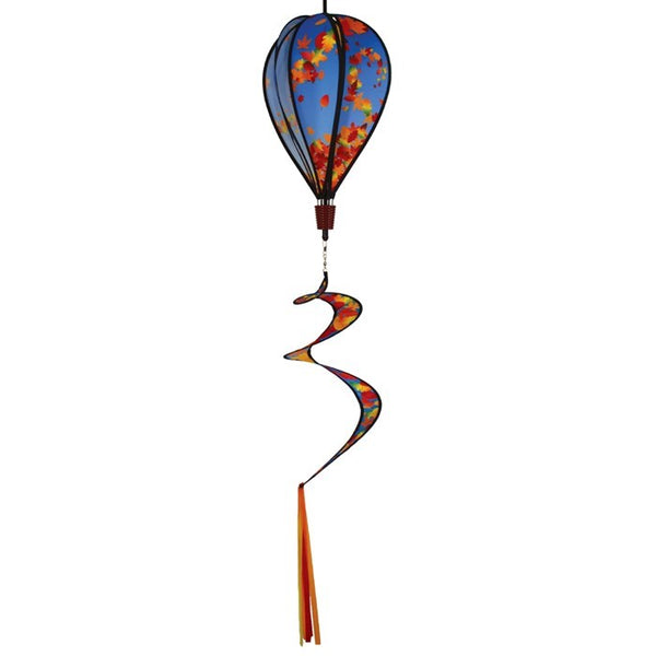 Colorful 6-panel hot air balloon spinner featuring falling autumn leaves, suspended in an outdoor garden setting, capturing the essence of fall.
