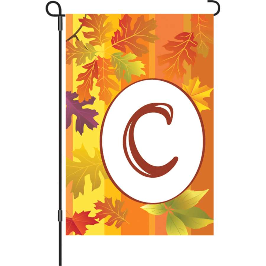 12 in. Fall Monogram Flag - C showcasing a vibrant autumn design with the letter C in a garden setting.