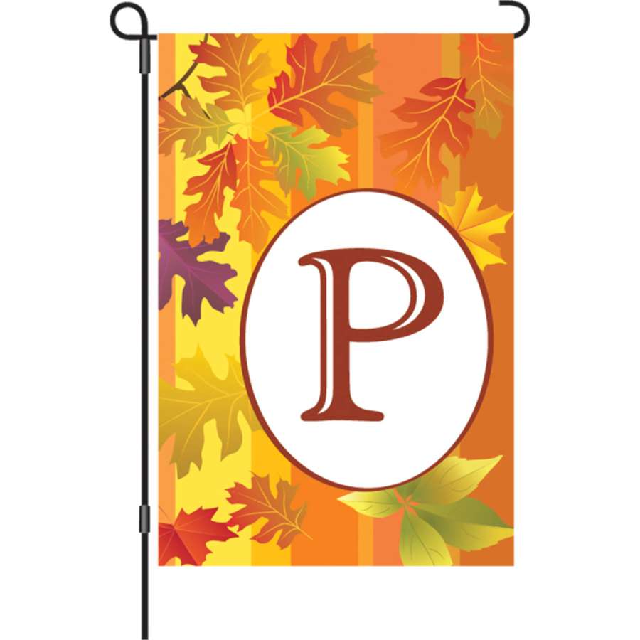 12 in. Fall Monogram Flag - P featuring a stylish monogram design in vibrant fall colors displayed in a garden setting.