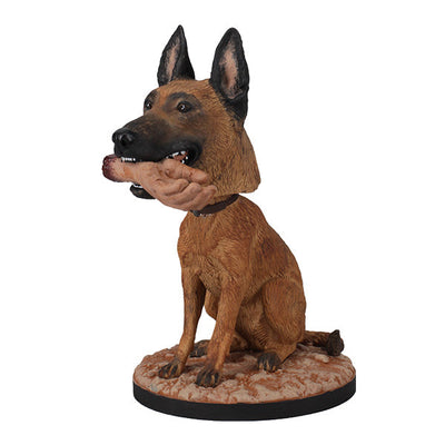 Fallout: CX404 Bobblehead depicting a Belgian Malinois with a severed hand in its mouth, set on a rugged Wasteland base.