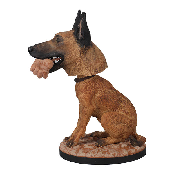 Fallout: CX404 Bobblehead depicting a Belgian Malinois with a severed hand in its mouth, set on a rugged Wasteland base.