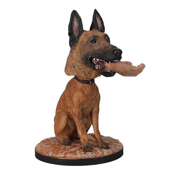 Fallout: CX404 Bobblehead depicting a Belgian Malinois with a severed hand in its mouth, set on a rugged Wasteland base.