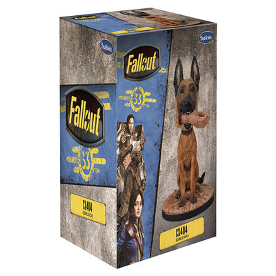 Fallout: CX404 Bobblehead depicting a Belgian Malinois with a severed hand in its mouth, set on a rugged Wasteland base.