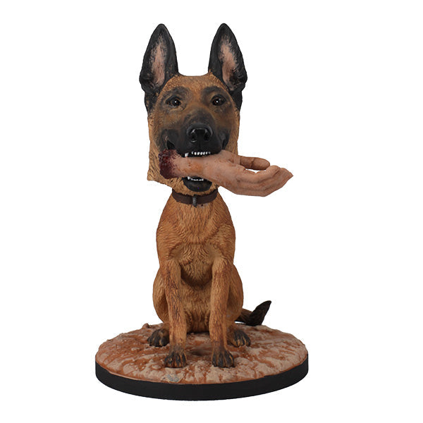 Fallout: CX404 Bobblehead depicting a Belgian Malinois with a severed hand in its mouth, set on a rugged Wasteland base.