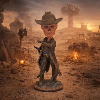Fallout: The Ghoul Bobblehead showcasing intricate details of a skeletal figure in a cowboy hat and trench coat, standing proudly on a display base.