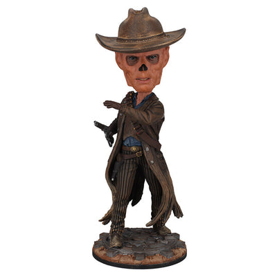 Fallout: The Ghoul Bobblehead showcasing intricate details of a skeletal figure in a cowboy hat and trench coat, standing proudly on a display base.