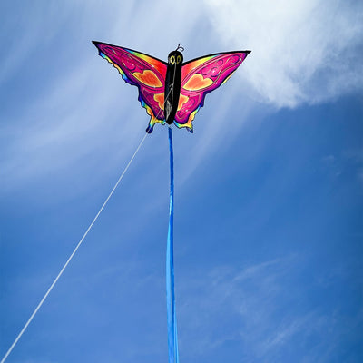 Brightly colored Fancy Butterfly Kite soaring in the sky, showcasing its vivid butterfly design and flowing tails during a sunny day.