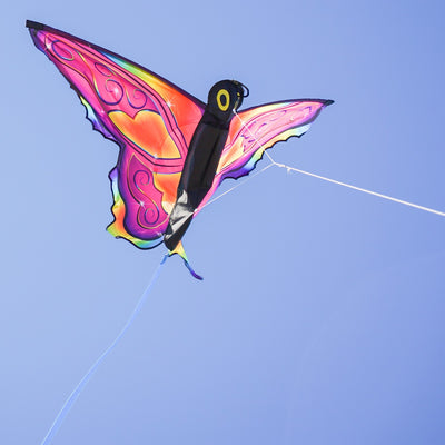 Brightly colored Fancy Butterfly Kite soaring in the sky, showcasing its vivid butterfly design and flowing tails during a sunny day.