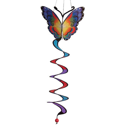 Fancy Butterfly Theme Twister featuring colorful wings that move gently in the breeze, with a vibrant curlie tail, hanging elegantly in a garden setting.