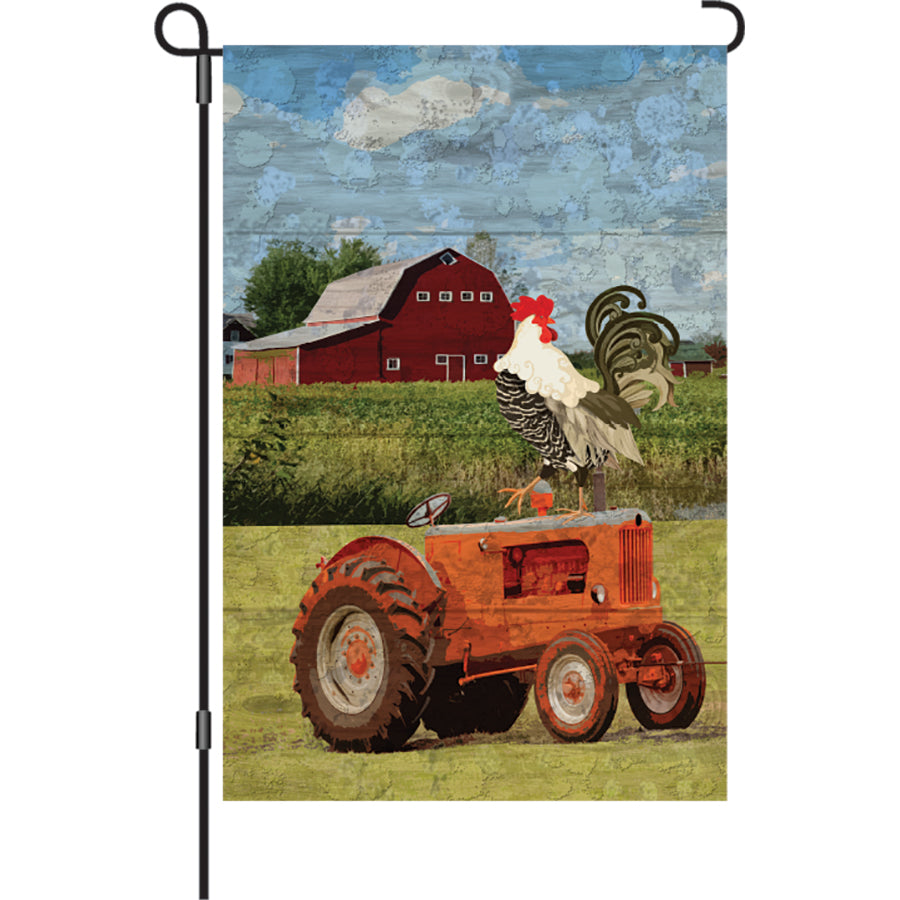 12 in. illuminated flag featuring a Farmers Market Rooster design displayed in a garden setting, adding rustic charm to outdoor decor.