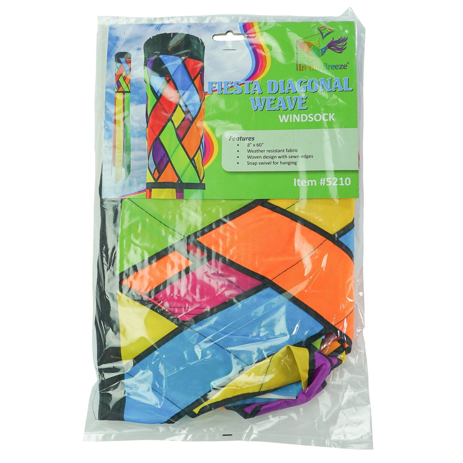Fiesta Diagonal Weave 60\" Windsock with vibrant colors and black edging, fluttering in an outdoor setting against a bright blue sky.