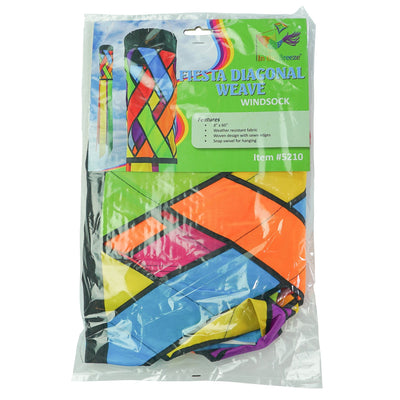 Fiesta Diagonal Weave 60\" Windsock with vibrant colors and black edging, fluttering in an outdoor setting against a bright blue sky.