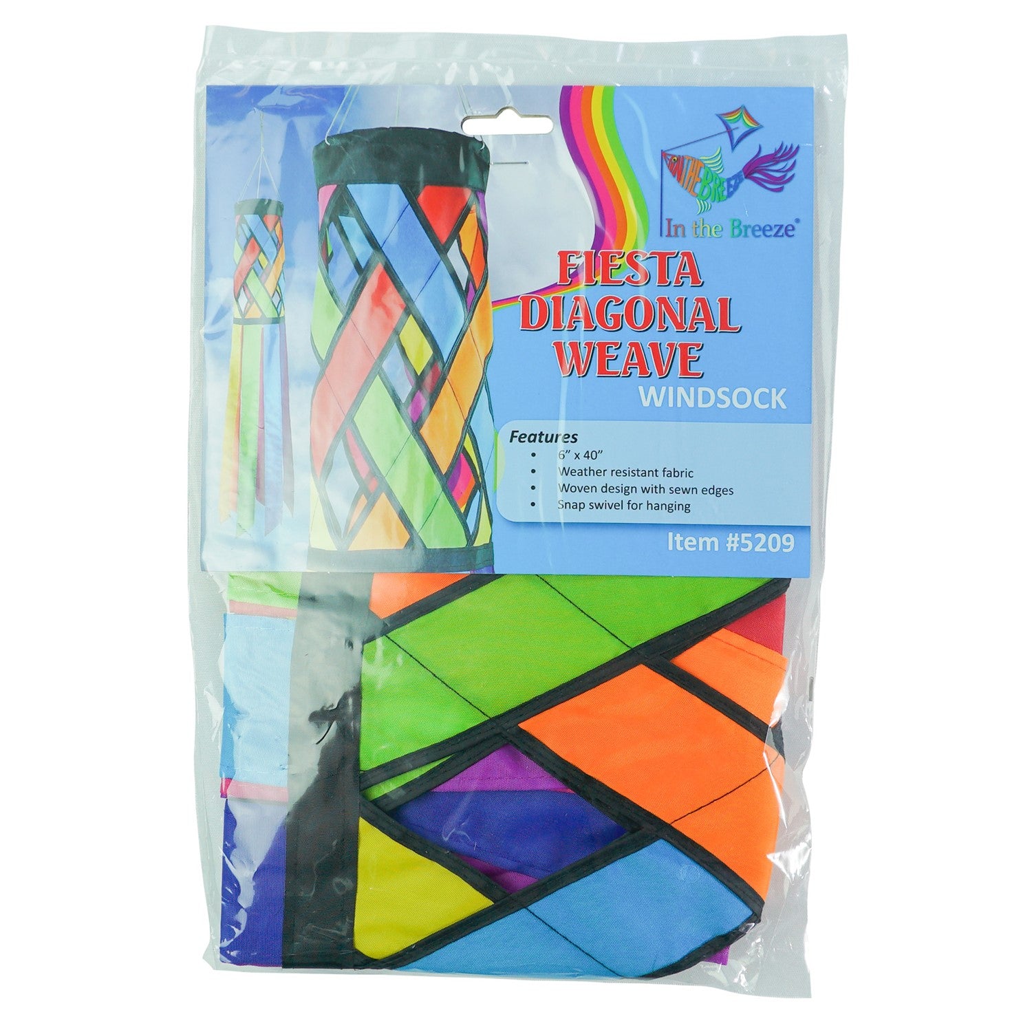 Fiesta Diagonal Weave 40-inch windsock featuring bright colors and black edging, fluttering in the breeze against a clear sky.