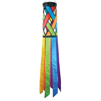 Fiesta Diagonal Weave 40-inch windsock featuring bright colors and black edging, fluttering in the breeze against a clear sky.