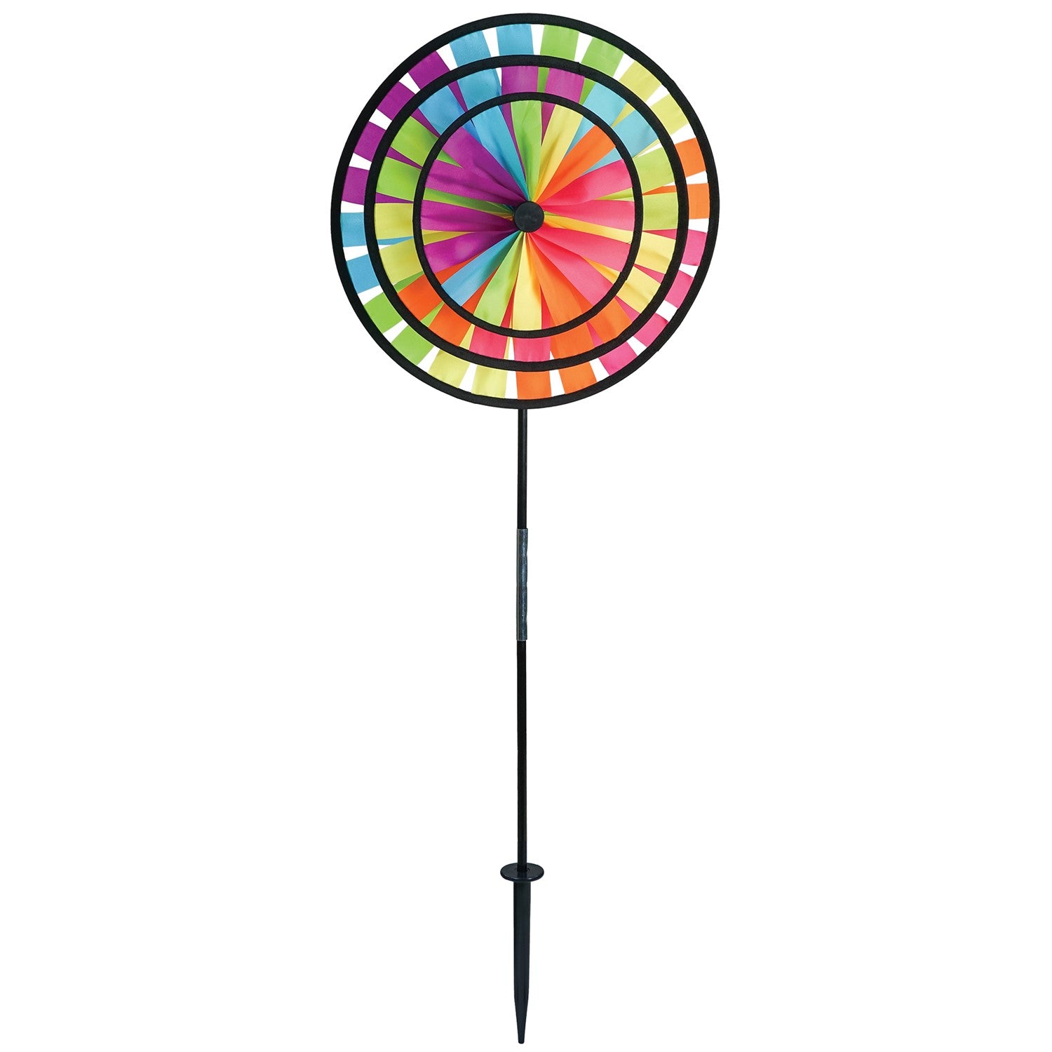 Fiesta Triple Wheel Spinner with three colorful wheels rotating in the breeze on a garden pole, showcasing a bright outdoor scene.