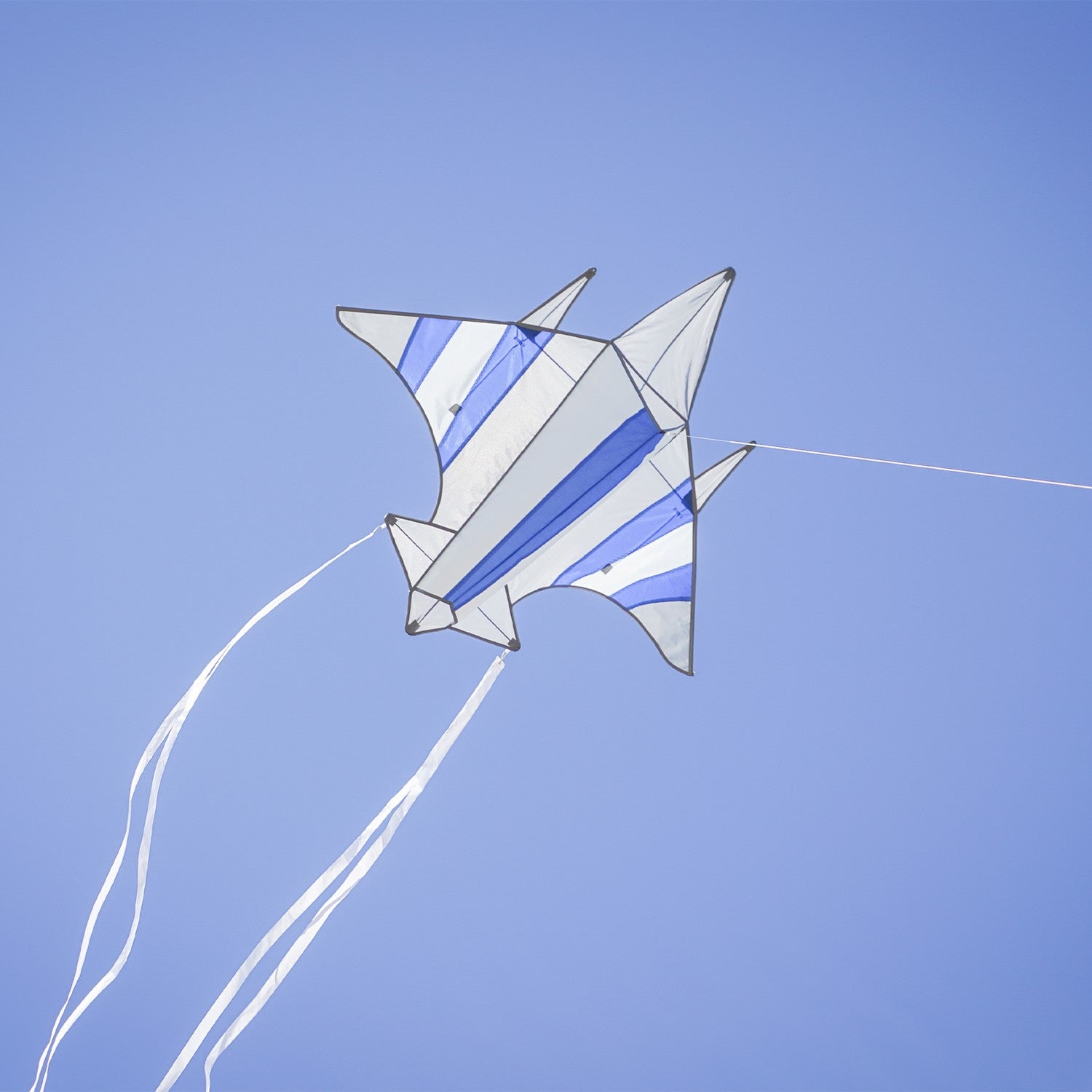 Fighter Jet Kite in flight showcasing a colorful design and detailed applique, set against a clear blue sky during an outdoor event.