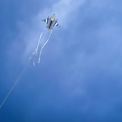Fighter Jet Kite in flight showcasing a colorful design and detailed applique, set against a clear blue sky during an outdoor event.