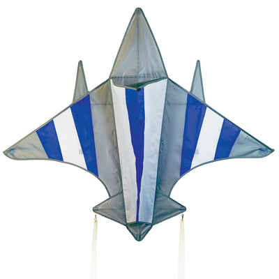Fighter Jet Kite in flight showcasing a colorful design and detailed applique, set against a clear blue sky during an outdoor event.