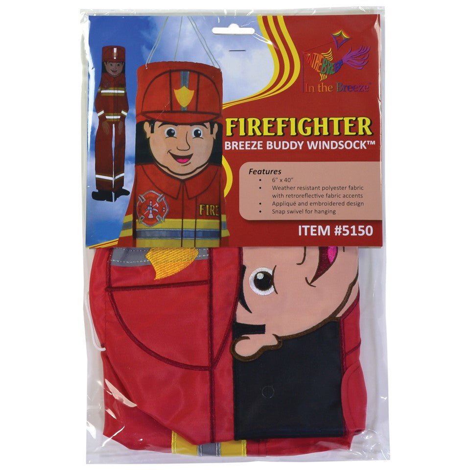 Firefighter 40-inch Breeze Buddy windsock with colorful design and flowing limbs, displayed in a garden setting, showcasing firefighter pride.