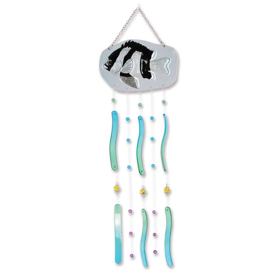 Fish Wind Chime - Banded Humbug made of colorful kiln-fired glass, suspended with fish-shaped designs swaying in the breeze outdoors.