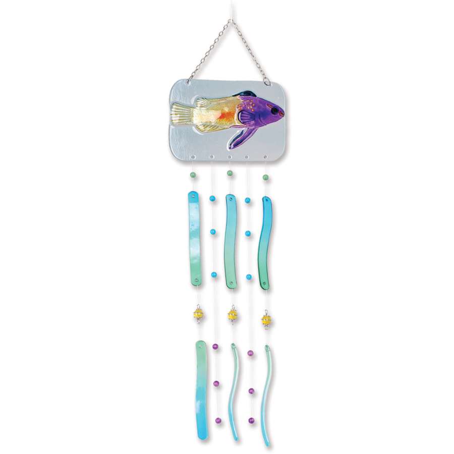 Fish Wind Chime - Fairy Basslet made of vibrant kiln-fired glass, hanging in sunlight with fish shapes creating melodic sounds outdoors.