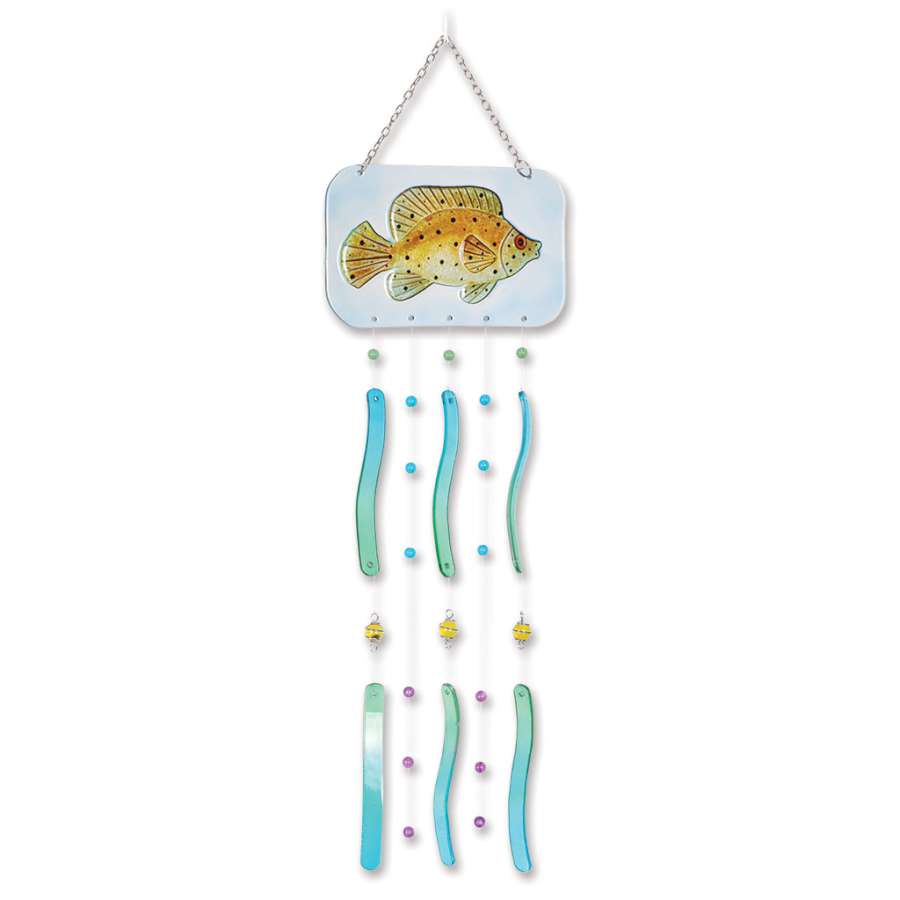 Fish Wind Chime - Spotted Grouper featuring vibrant glass colors in a swimming fish design hanging elegantly in a garden setting.
