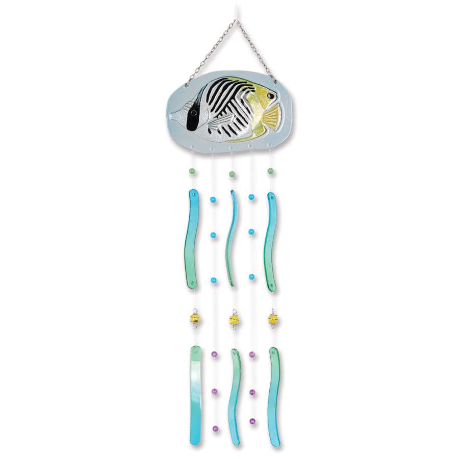 24-inch Fish Wind Chime - Threadfin Butterfly made of colorful kiln-fused glass, swaying gently in an outdoor garden setting.