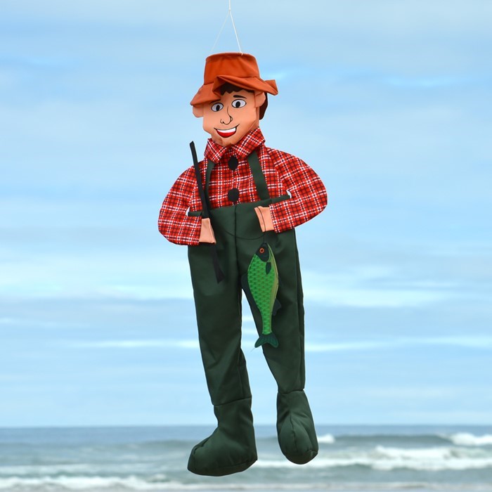 Fisher Fred Wind Friend hanging decoration showcasing a cheerful fisherman with a fish, designed in vibrant colors and 3D details, ready for display.