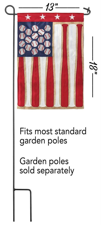 Flag Baseball 13x18 garden flag displayed on a stand, showcasing vibrant double-sided design, durable polyester fabric, and perfect for outdoor sports decor.