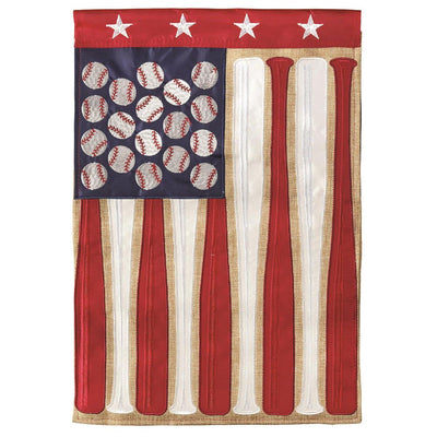 Flag Baseball 13x18 garden flag with dynamic sports design, crafted from durable 650-denier polyester, perfect for outdoor display by baseball fans.