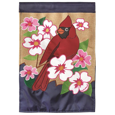 Flag Cardinal Dogwood Burlap 13x18 featuring double applique design, durable 300-denier polyester, and vibrant embroidery for timeless outdoor décor.