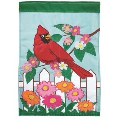 Flag Cardinal Polyester 13x18 featuring double applique design, durable 300-denier polyester, and vibrant embroidery for timeless outdoor décor.