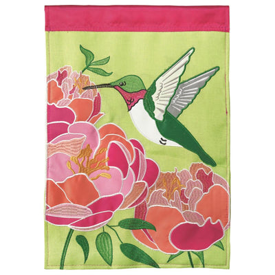 Flag Hummingbird Burlap 13x18 featuring double applique design, durable 300-denier polyester, and vibrant embroidery for elegant outdoor décor.