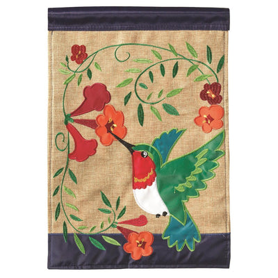 Flag Hummingbird Burlap Polyester 13x18 featuring double applique design, durable 300-denier polyester, and vibrant embroidery for outdoor charm.