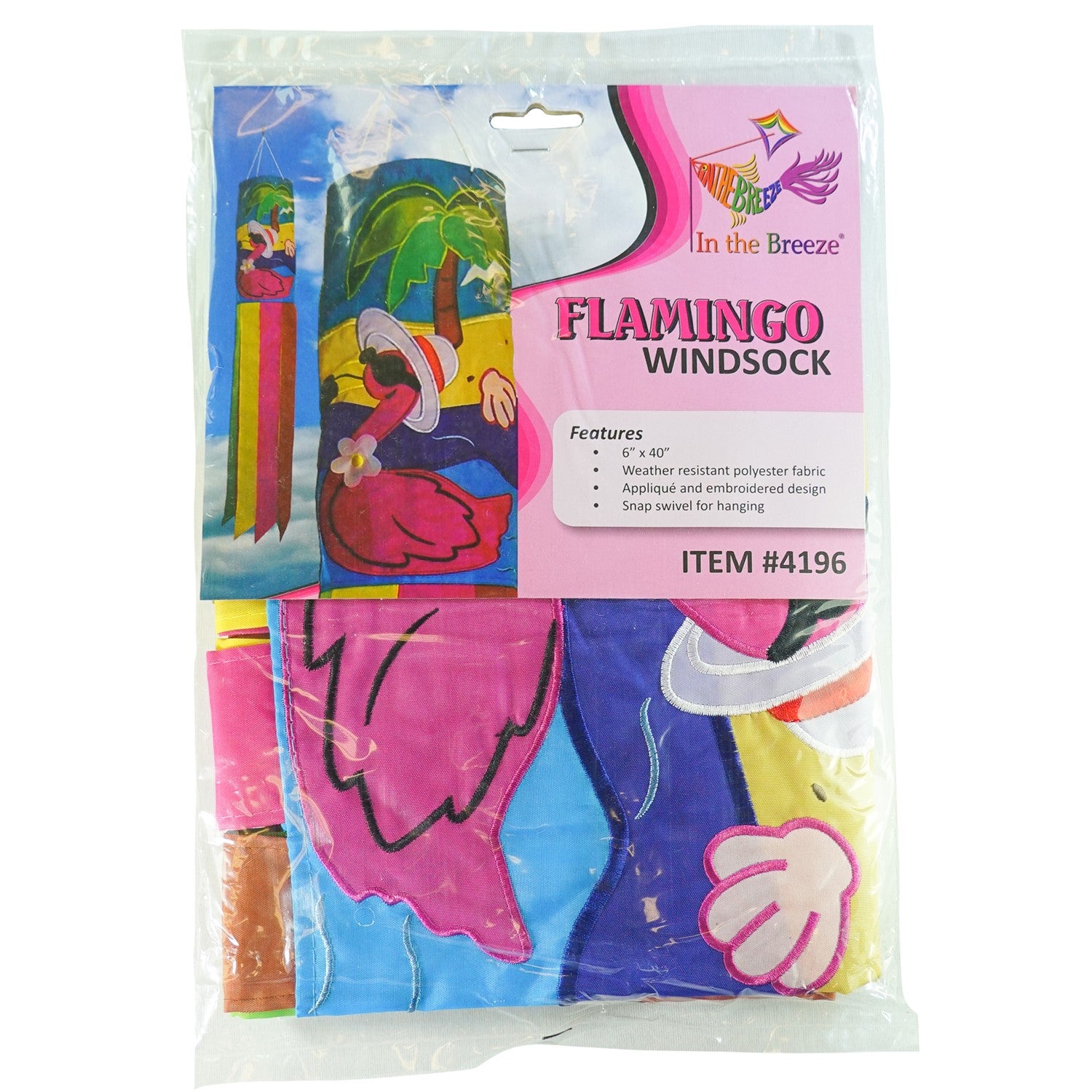 Flamingo 40" windsock with colorful design and embroidered details, fluttering in the breeze in a sunny garden setting.