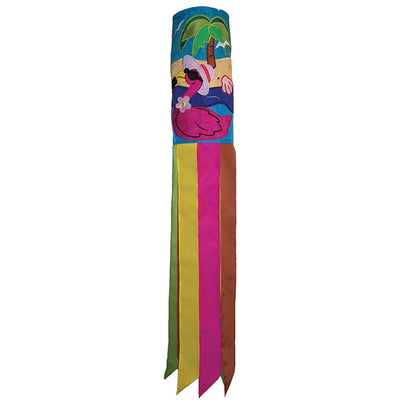 Flamingo 40" windsock with colorful design and embroidered details, fluttering in the breeze in a sunny garden setting.