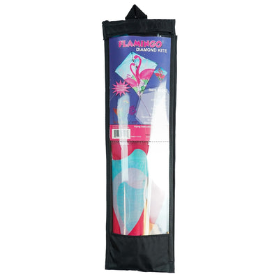 Flamingo 30-inch Diamond Kite with vibrant flamingo design flying in a clear blue sky, showcasing its colorful tails and lightweight build.