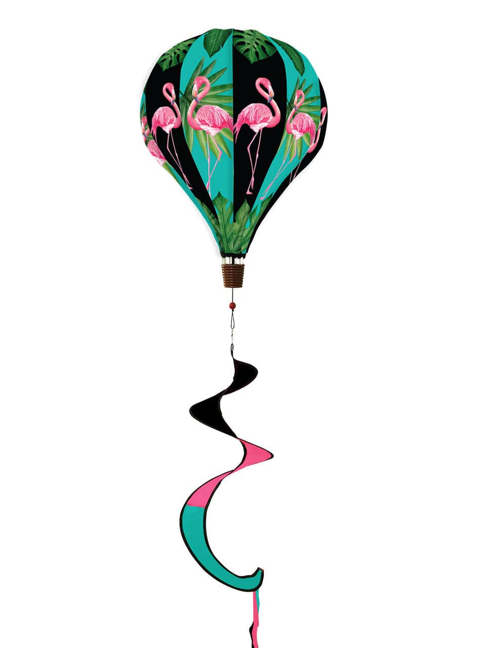 Hot air balloon spinner with pink flamingos and tropical greenery, made of weather-resistant polyester for colorful, breezy outdoor summer garden décor.