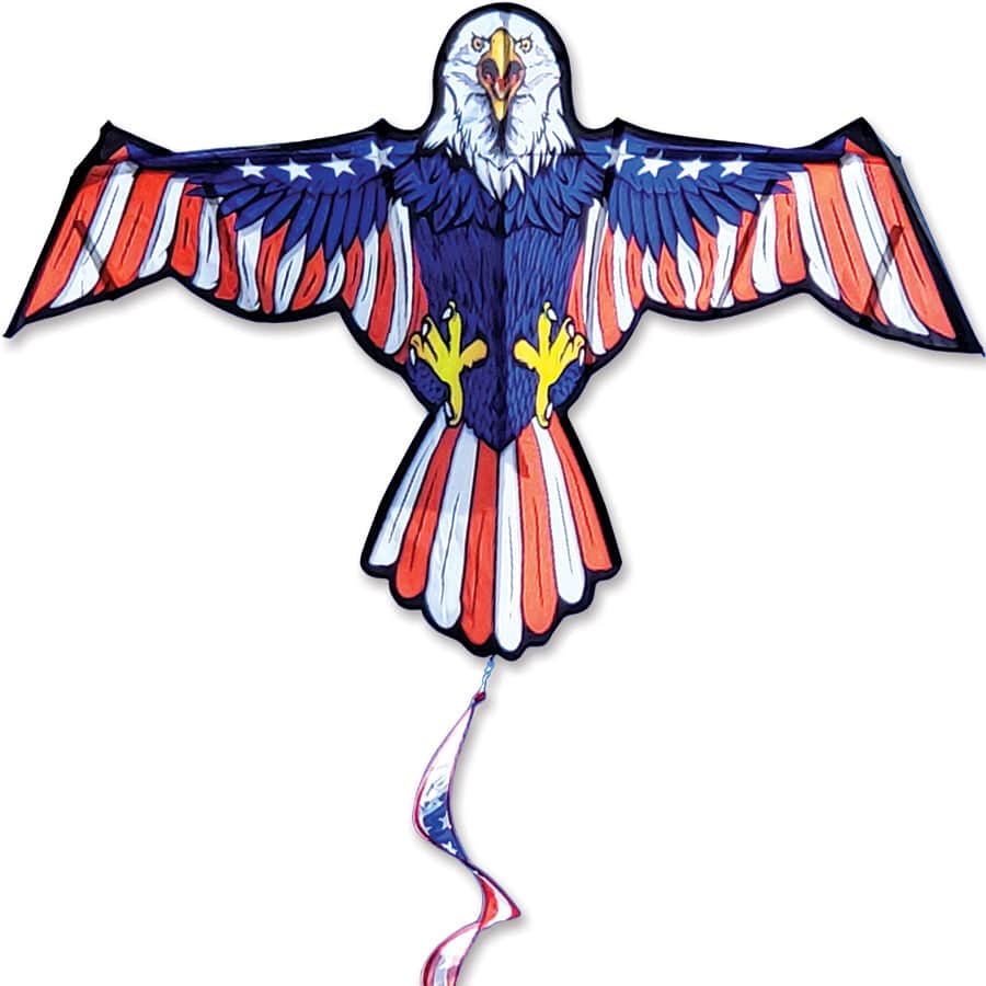 84 inch flapping Patriotic Eagle kite with moving wings, stars-and-stripes design, twister tails, and 50 lb. test line. Includes fabric storage case.