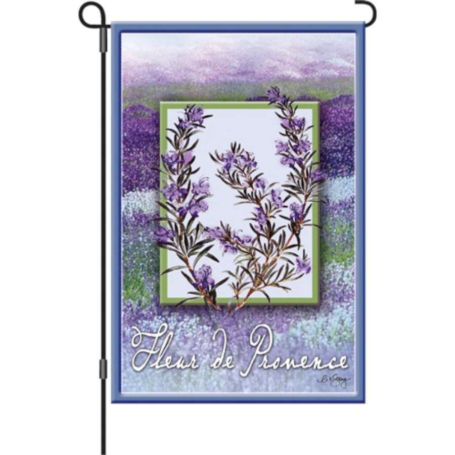 Fleur De Provence garden flag featuring rich fall colors and floral design, displayed in an autumn-themed garden setting.
